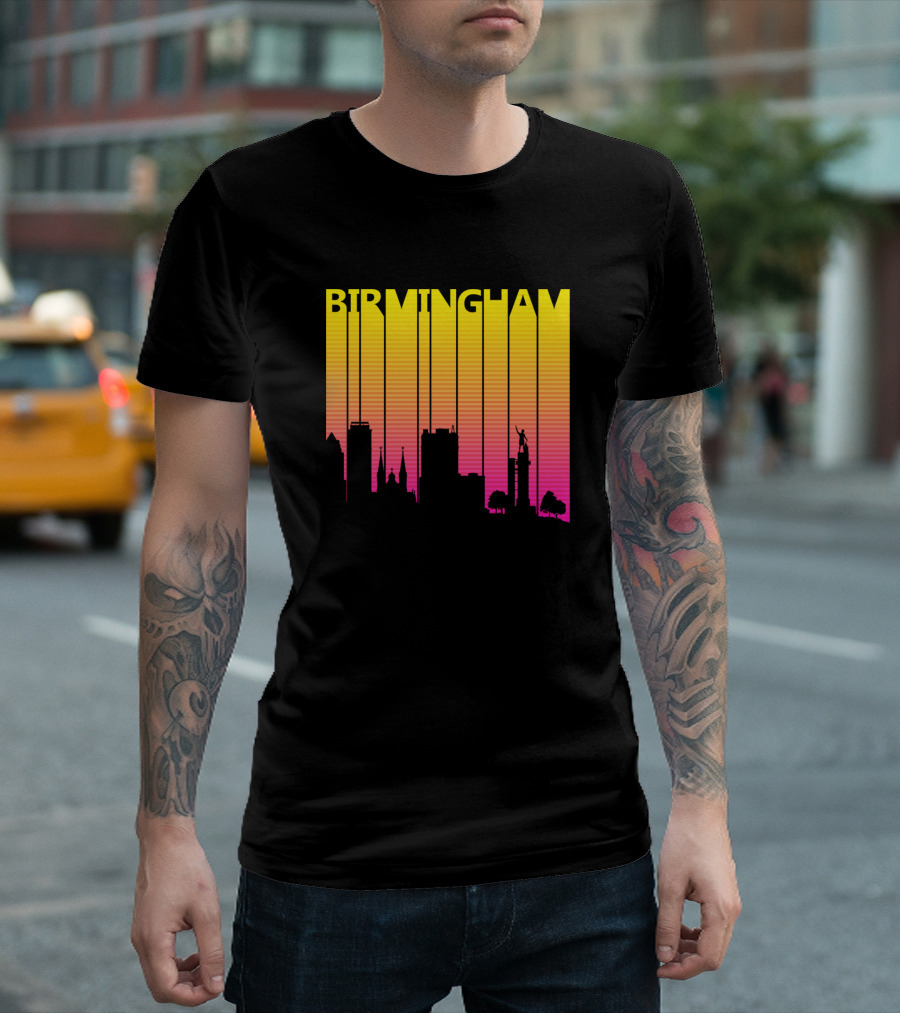 Birmingham Retro 1980s Skyline Yellow Pink Gradient T-Shirt