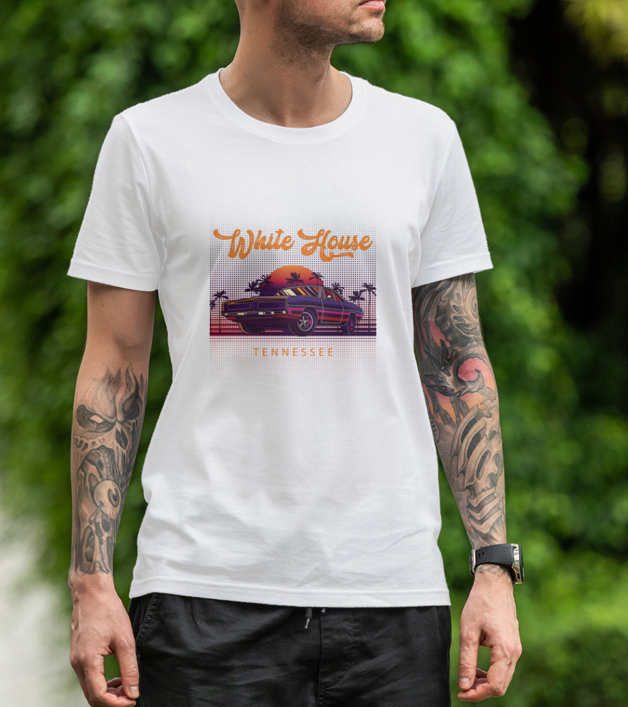 White House Tennessee Vintage Muscle Car Sunset Scene T-Shirt