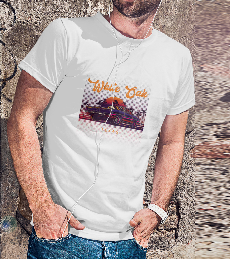 White Oak Texas Vintage Muscle Cars Sunset Retro Style With Palm Trees T-Shirt
