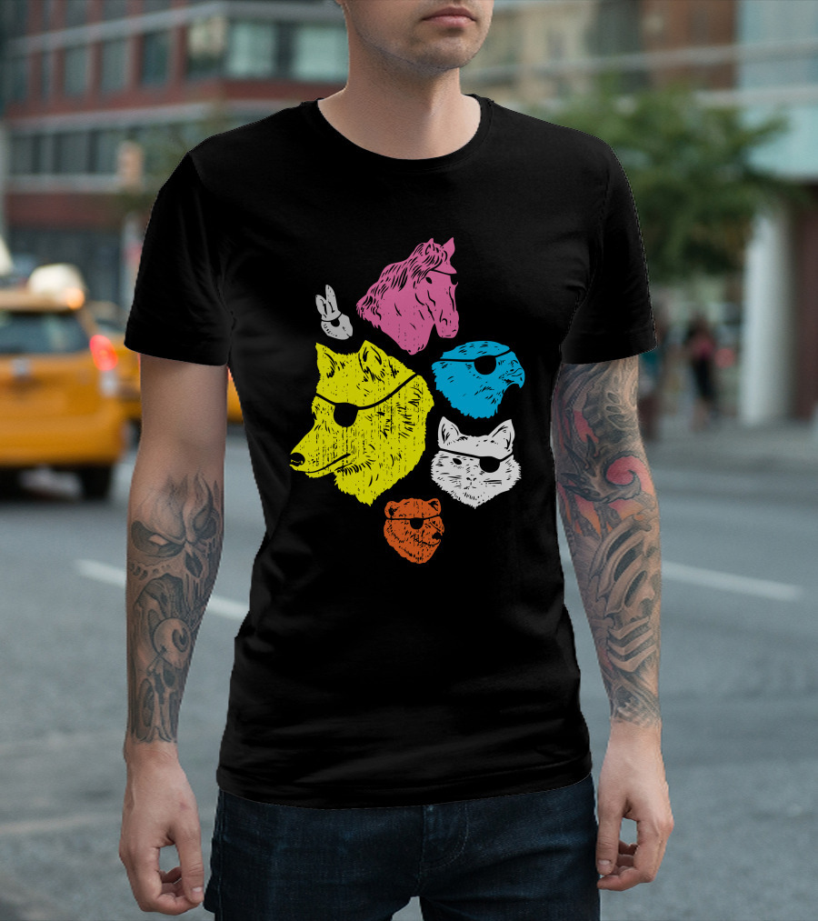 Colorful Animals With Eyepatches: Wolf, Rabbit, Horse, Bird, Fox, Bear T-Shirt