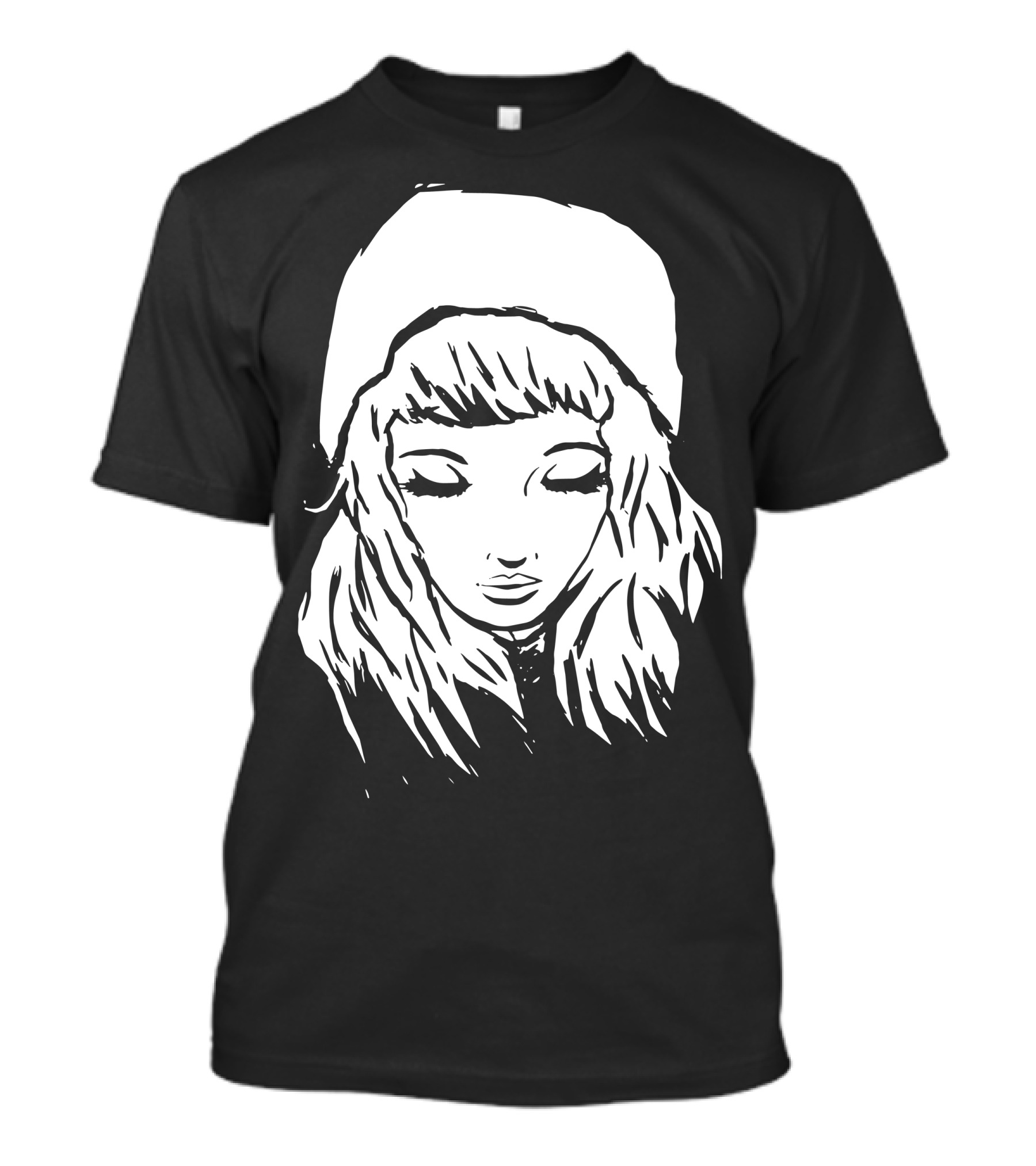 Beanie Hat Girl Eyes Closed Monochrome Drawing T-Shirt