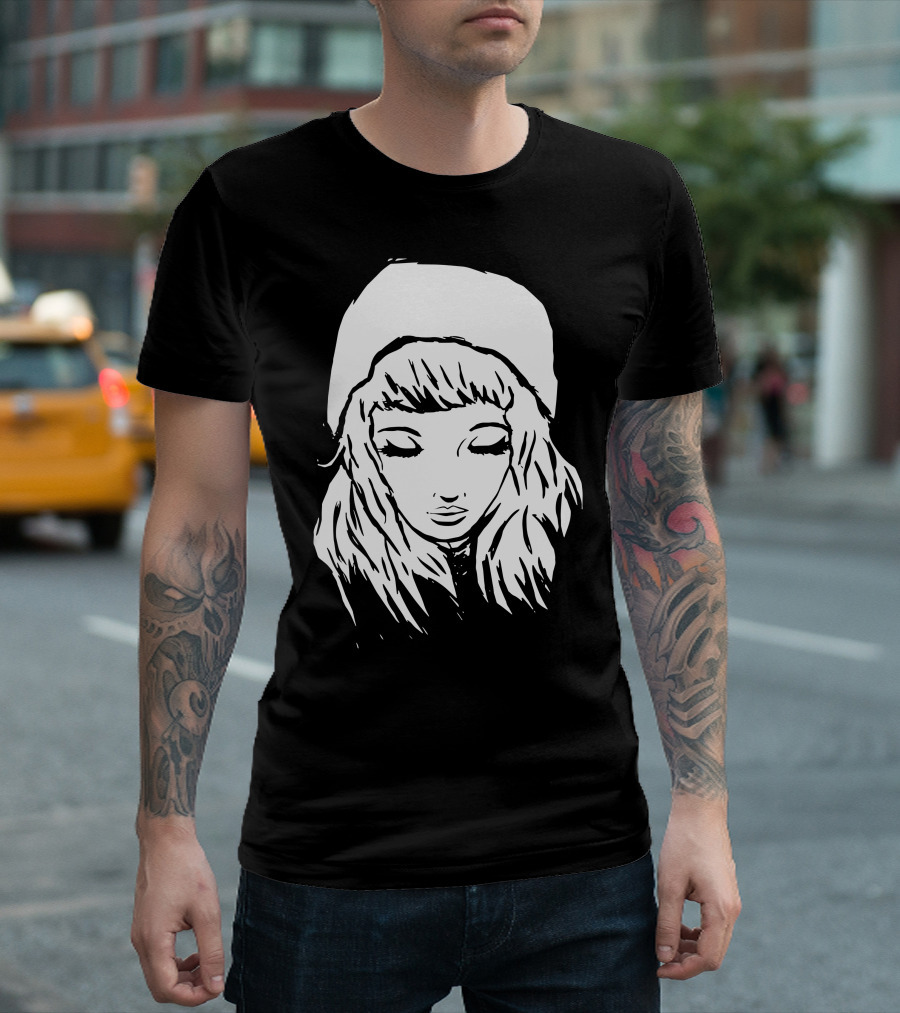 Beanie Hat Girl Eyes Closed Monochrome Drawing T-Shirt