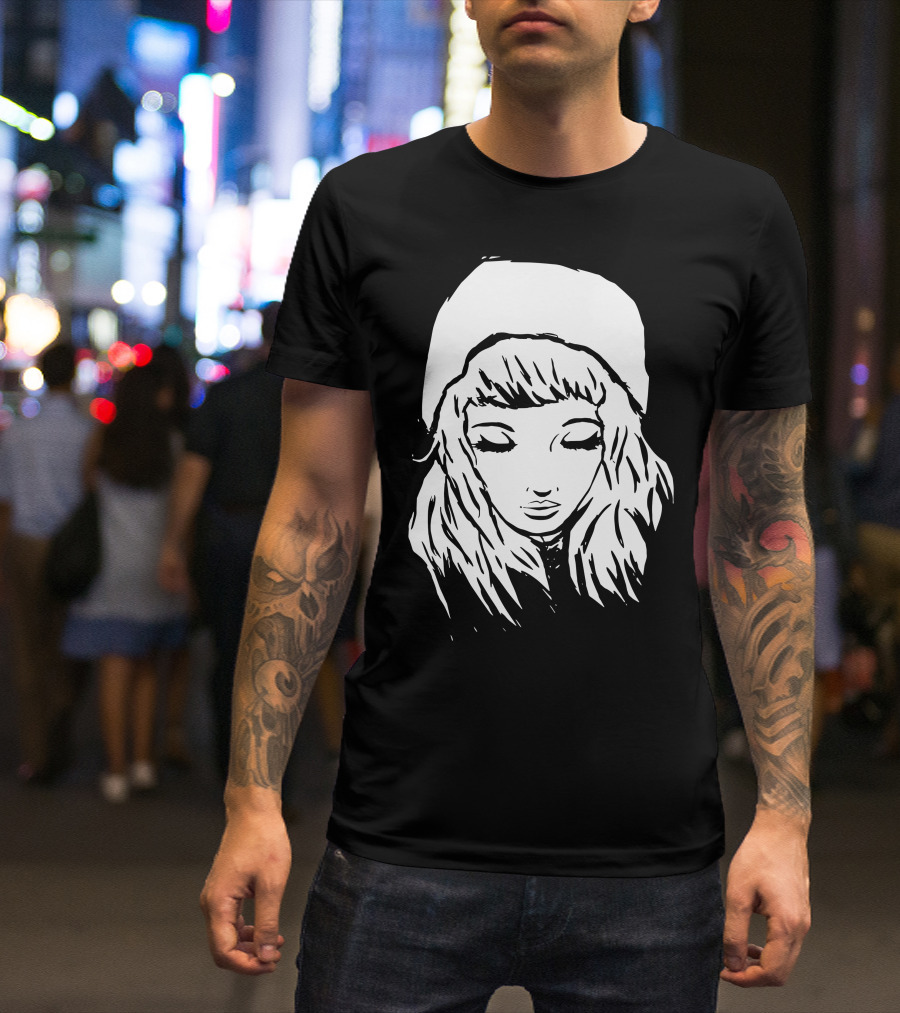 Beanie Hat Girl Eyes Closed Monochrome Drawing T-Shirt