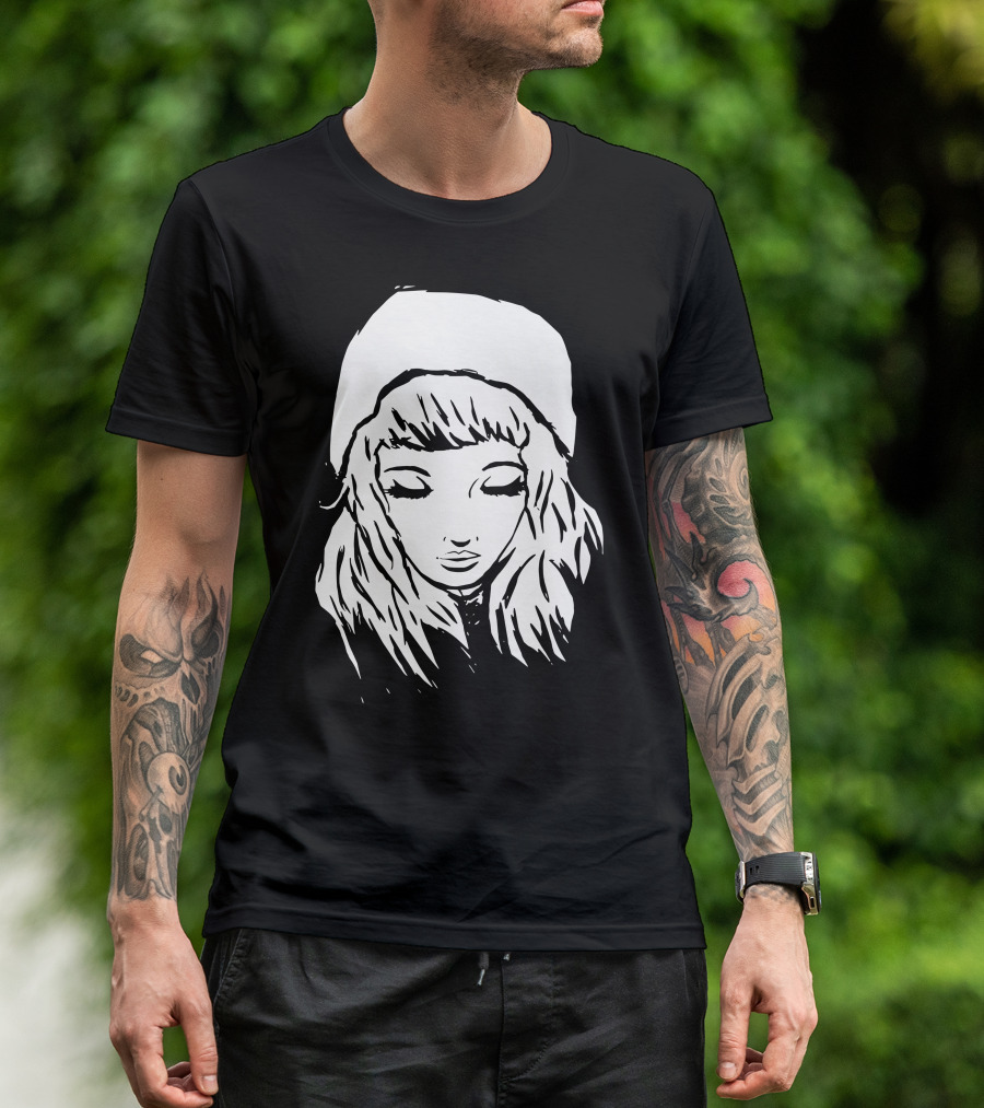 Beanie Hat Girl Eyes Closed Monochrome Drawing T-Shirt