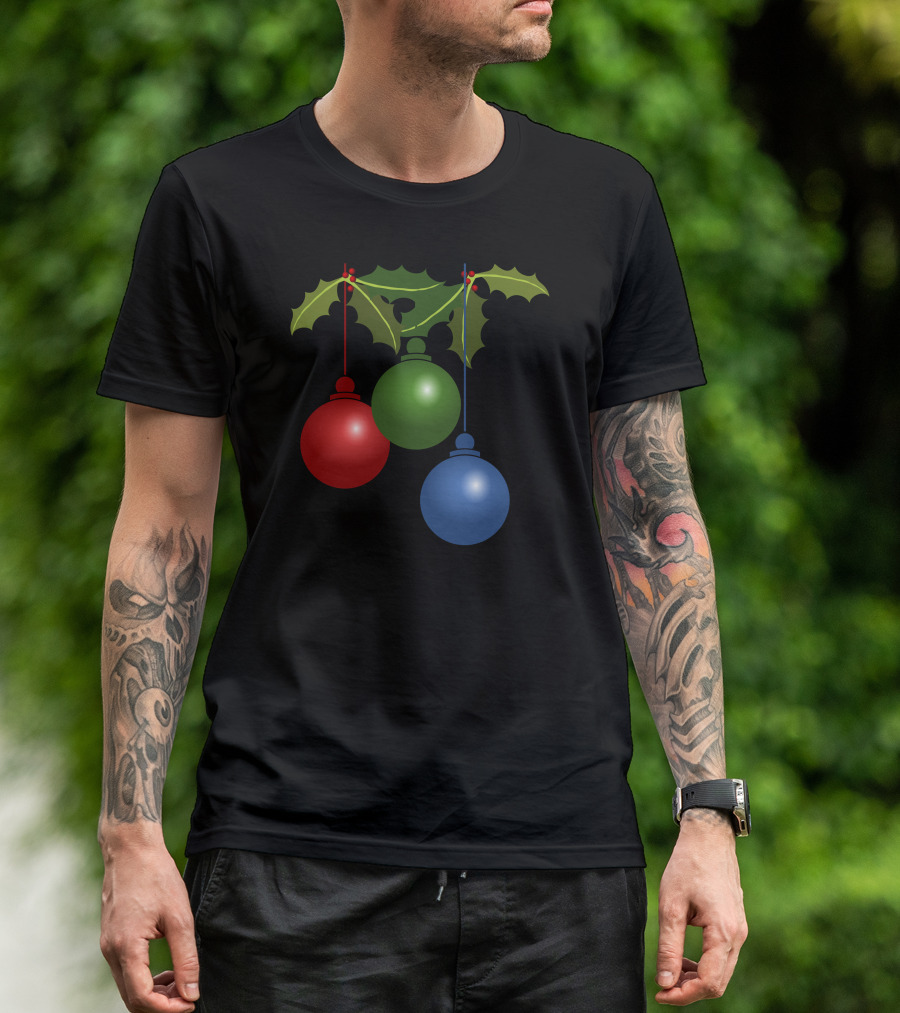 Christmas Ornament Red Green Blue Holly Leaf Trio T-Shirt