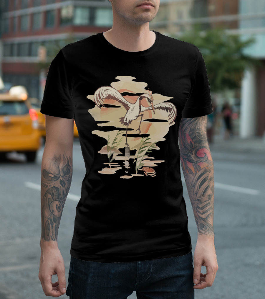 Crane Technique Crane in Sunset Reflection with Water Plants T-Shirt