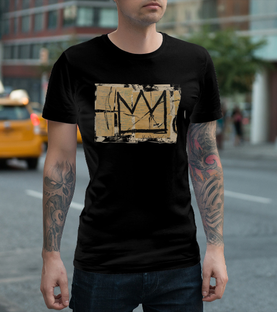 Basquiat Three Pointed Crown Black And Tan Collage T-Shirt