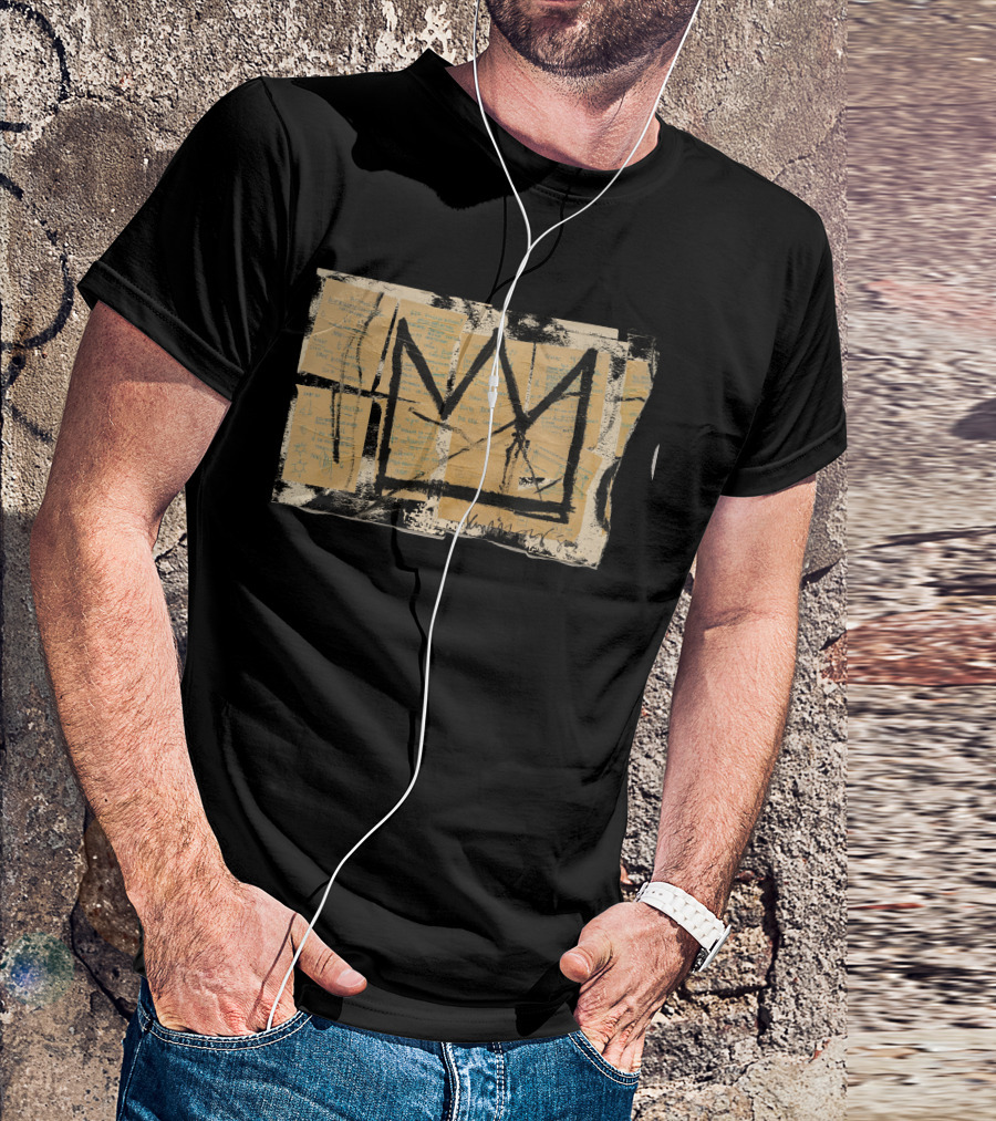 Basquiat Three Pointed Crown Black And Tan Collage T-Shirt