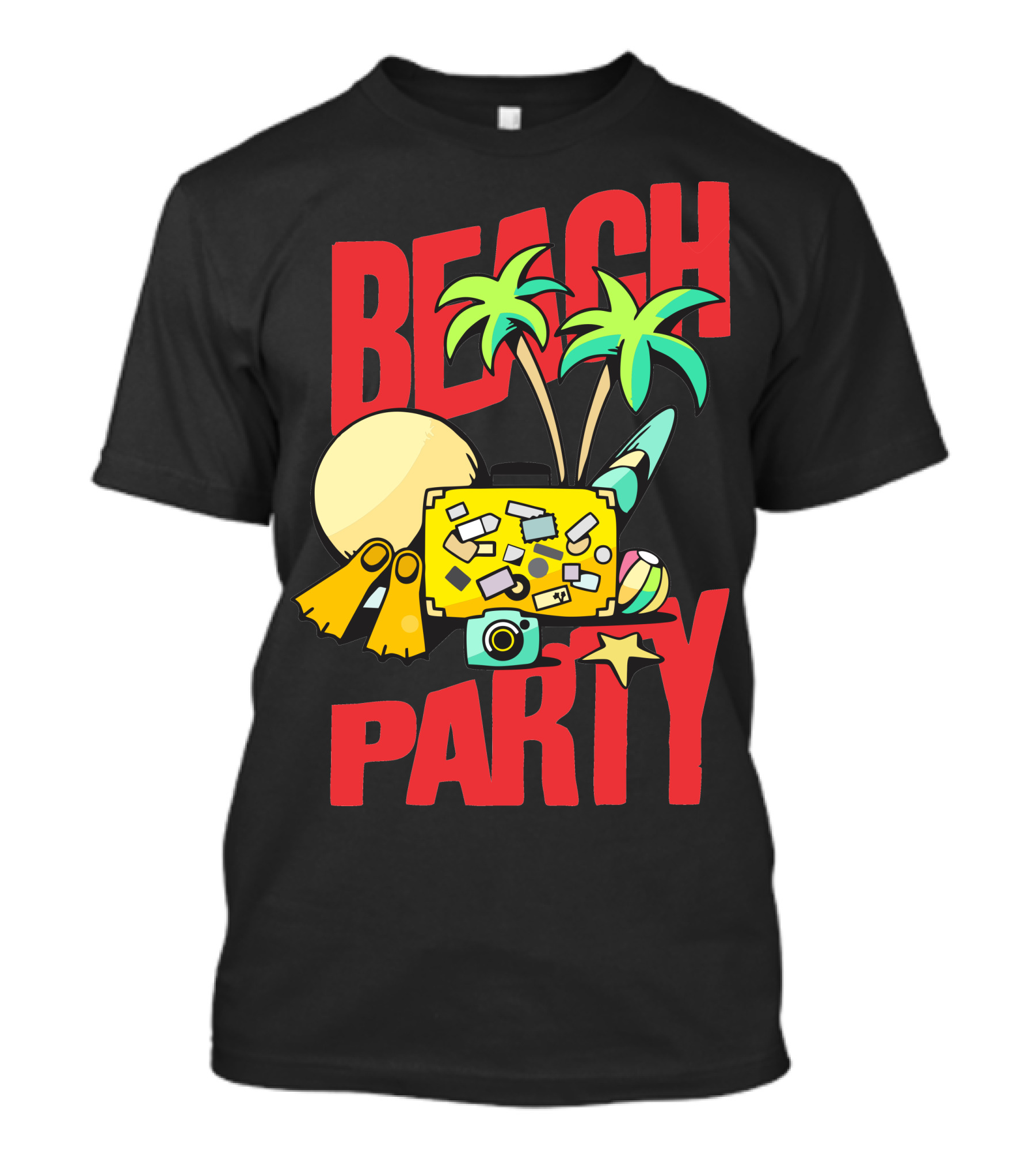 BEACH PARTY Palm Trees Sun Flippers Camera Surfboard Starfish T-Shirt
