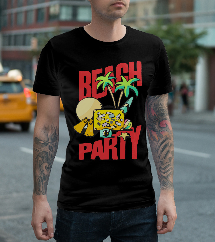 BEACH PARTY Palm Trees Sun Flippers Camera Surfboard Starfish T-Shirt