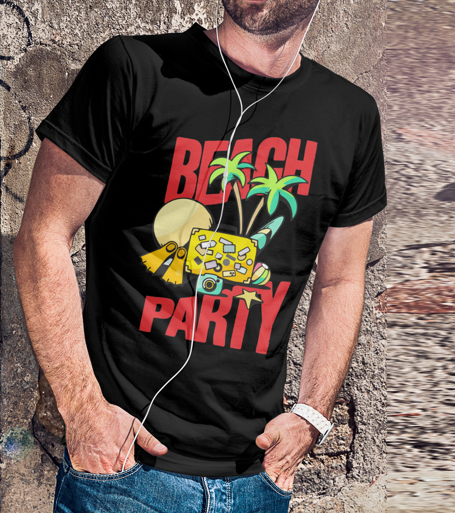 BEACH PARTY Palm Trees Sun Flippers Camera Surfboard Starfish T-Shirt
