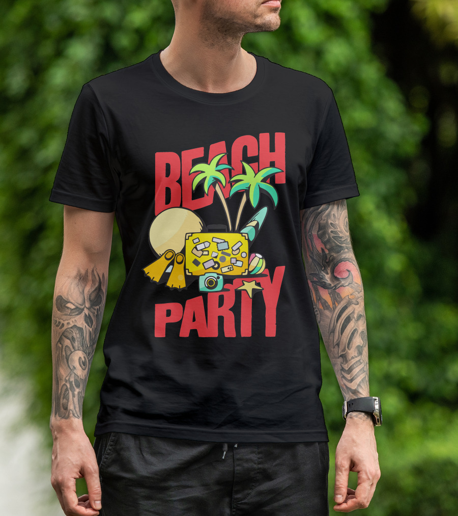 BEACH PARTY Palm Trees Sun Flippers Camera Surfboard Starfish T-Shirt