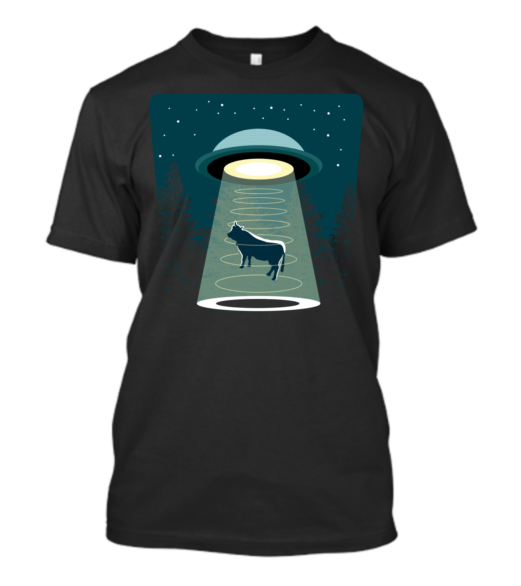 Beware UFO Alien Abduction Cow Silhouette Night Sky Forest Scene T-Shirt