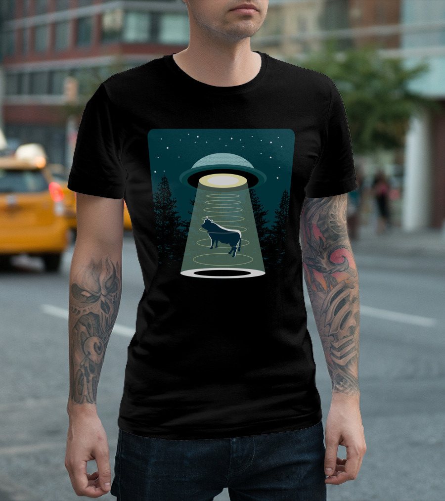 Beware UFO Alien Abduction Cow Silhouette Night Sky Forest Scene T-Shirt
