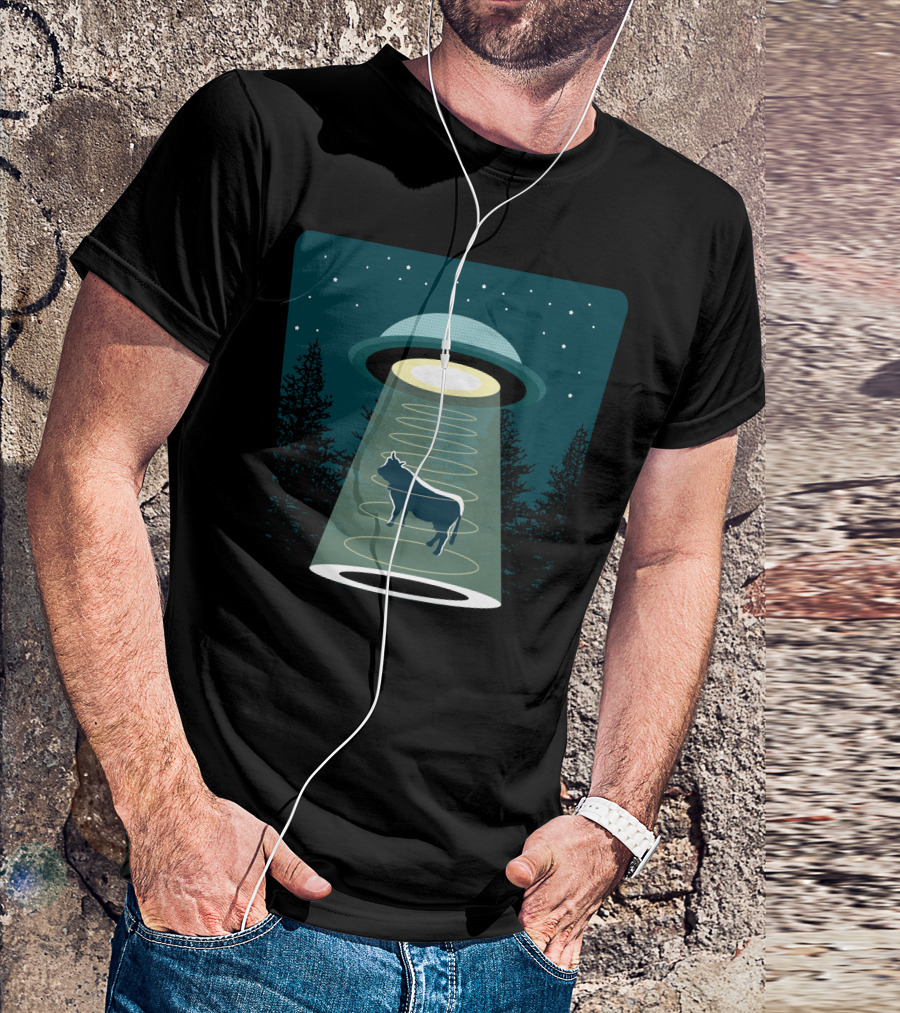 Beware UFO Alien Abduction Cow Silhouette Night Sky Forest Scene T-Shirt