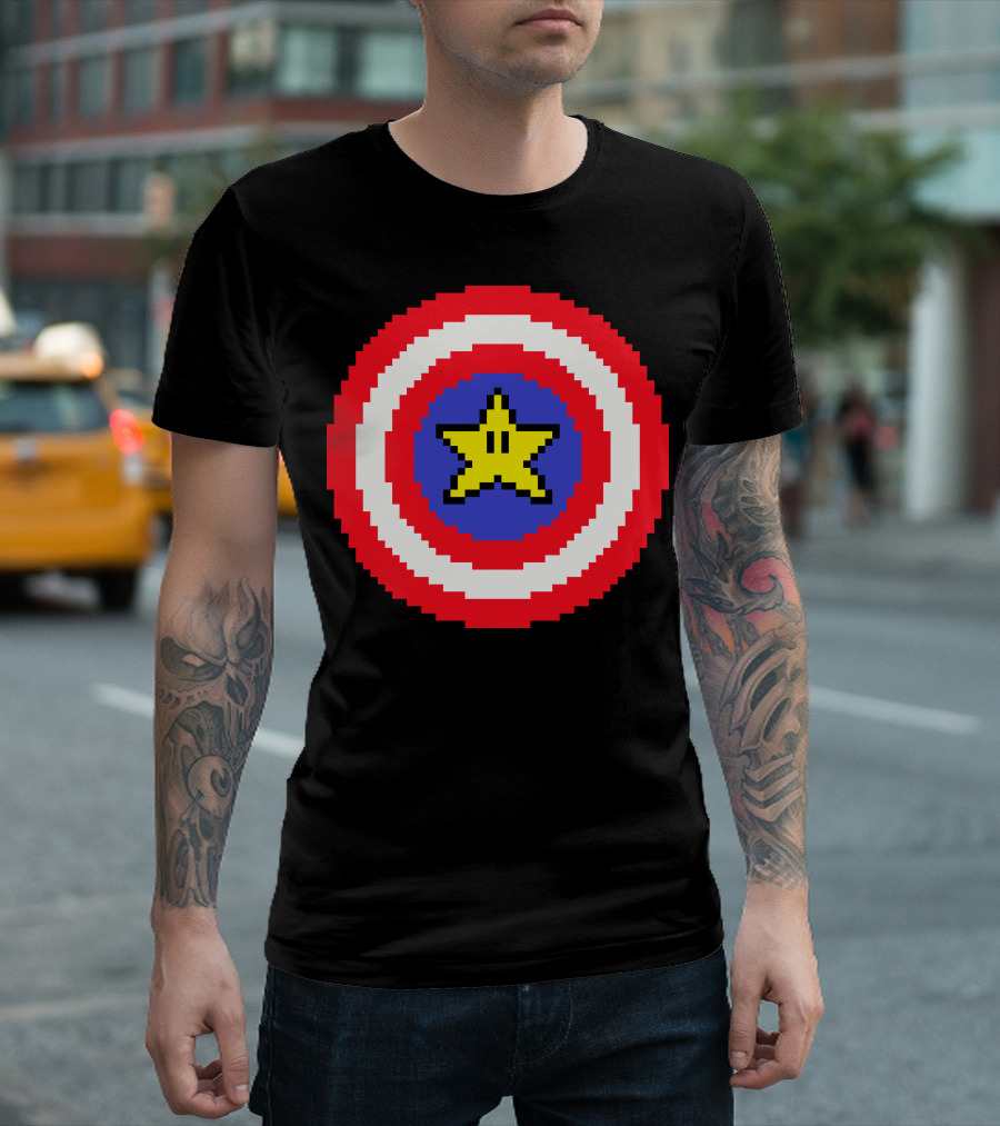 Captain Pixel Shield Star Emblem 8-Bit T-Shirt