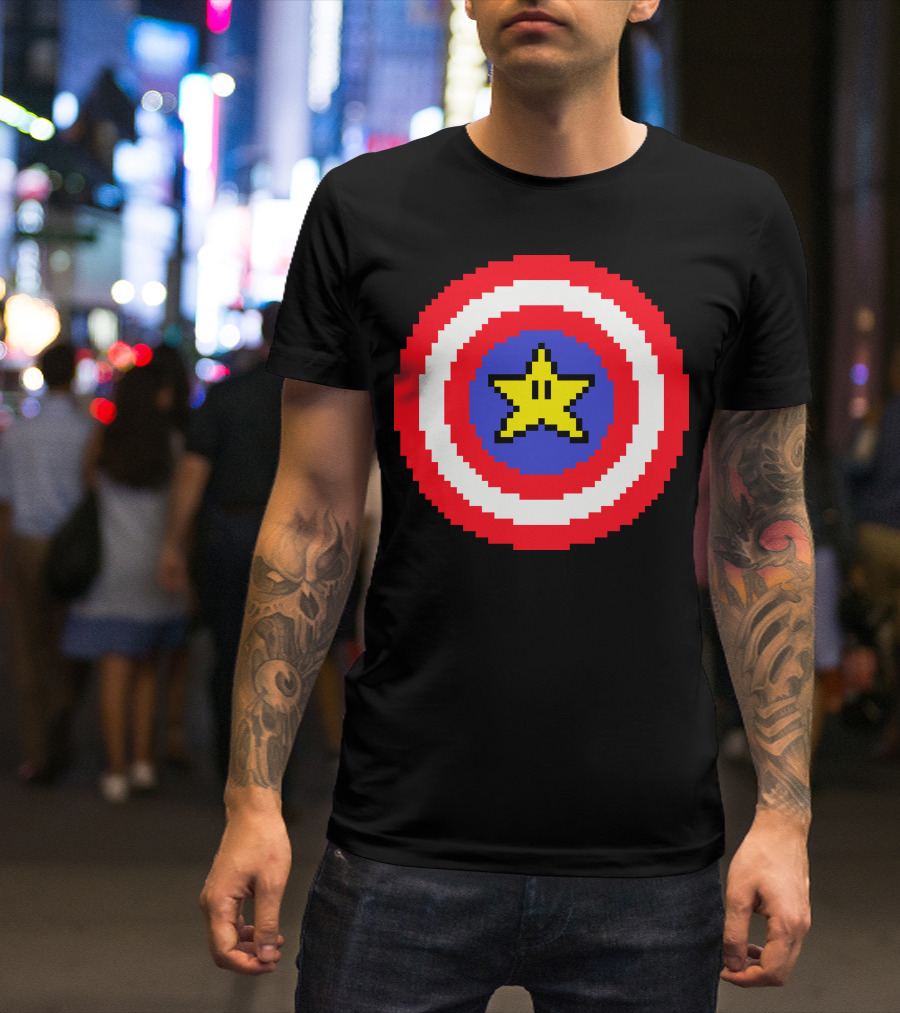 Captain Pixel Shield Star Emblem 8-Bit T-Shirt