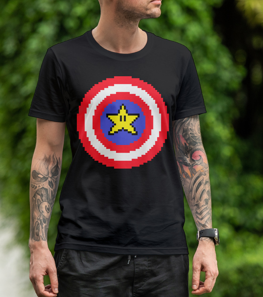 Captain Pixel Shield Star Emblem 8-Bit T-Shirt