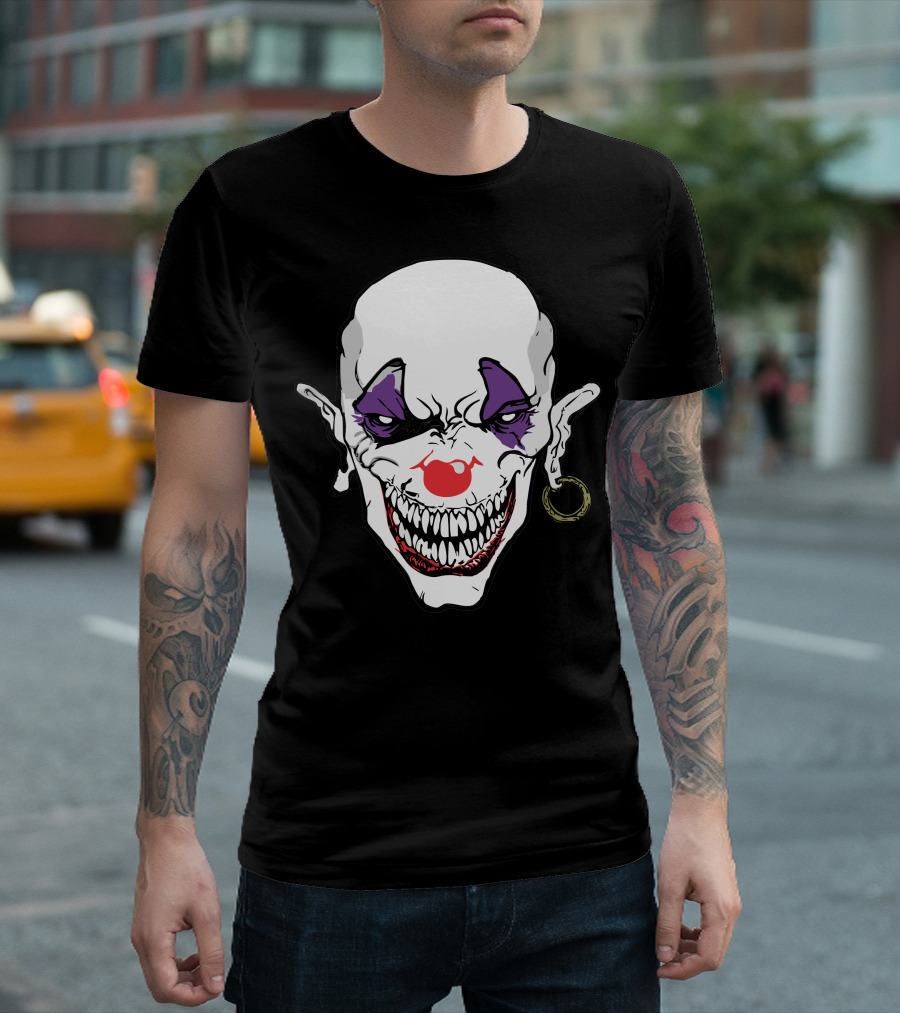 Evil Clown Sinister Face White Makeup Red Nose Grinning Purple Eyes T-Shirt