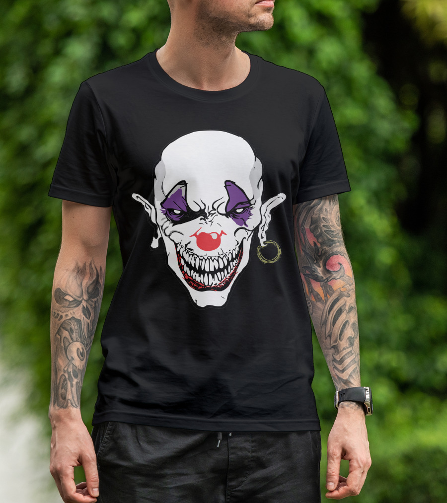 Evil Clown Sinister Face White Makeup Red Nose Grinning Purple Eyes T-Shirt