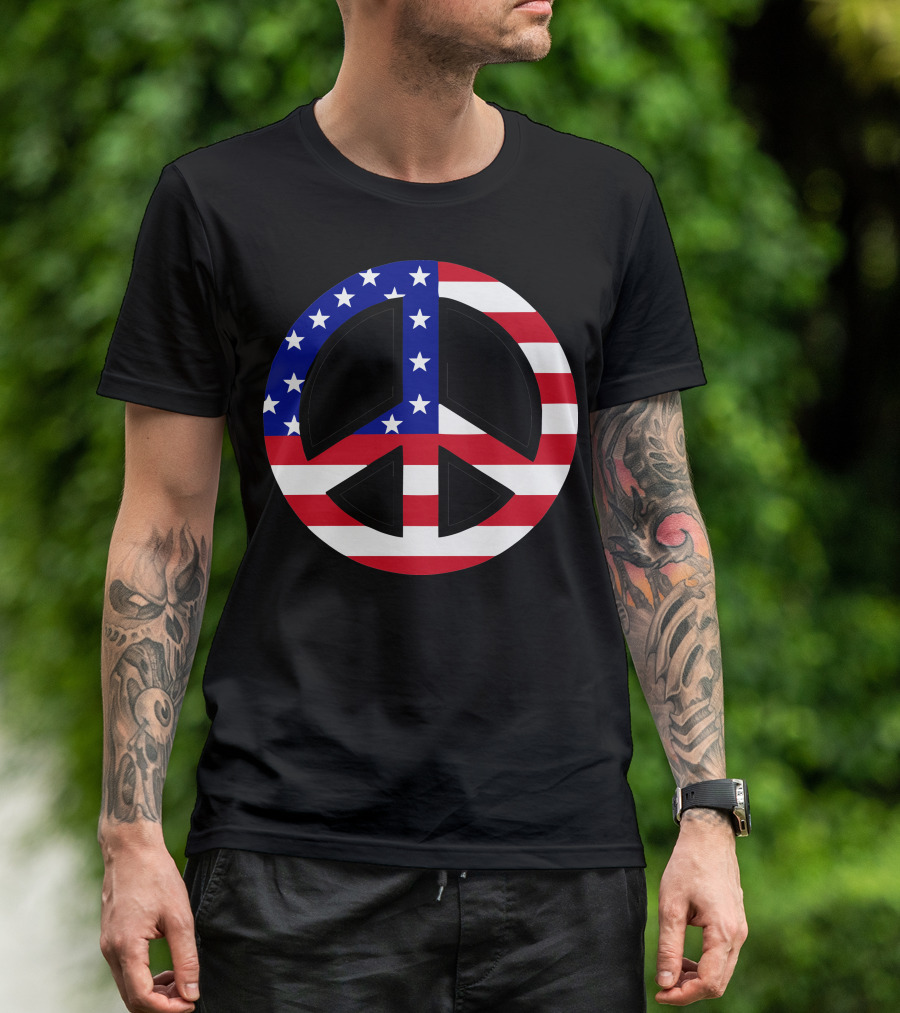 Peace Symbol American Flag Independence Day T-Shirt