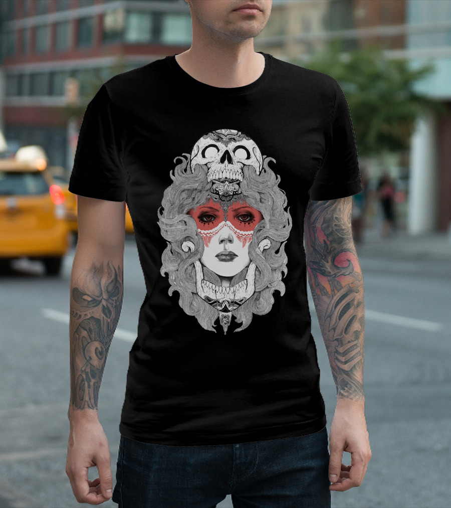Girl And Skull Masked Face Serene Expression T-Shirt