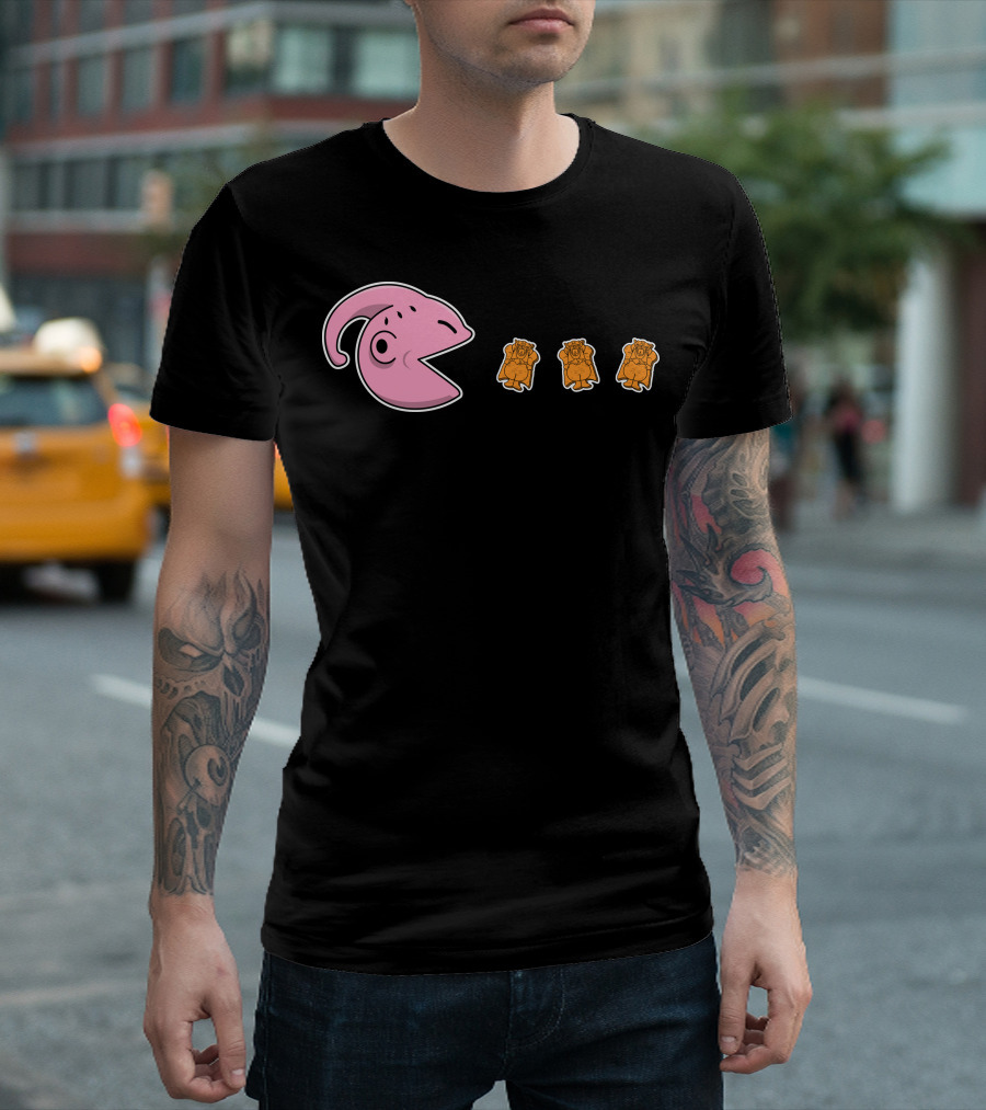 Pink Hungry Monster Chases Three Orange Snacks T-Shirt