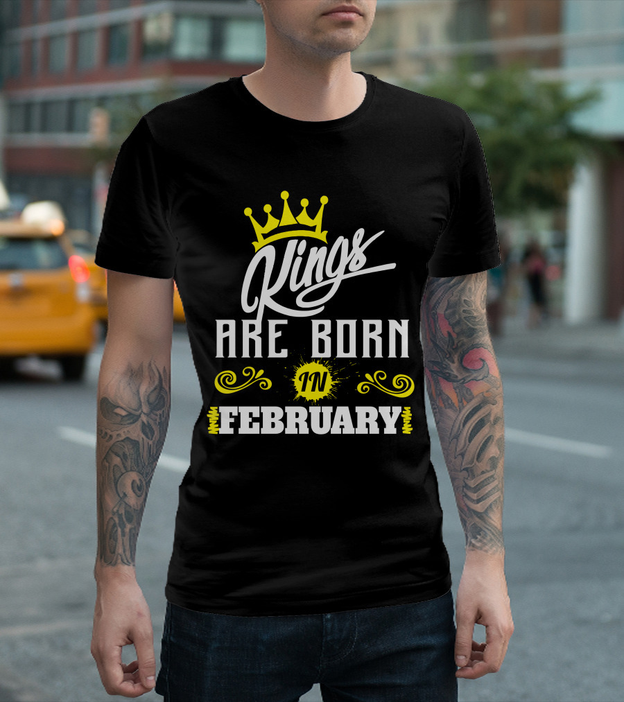Kings Are Born In February Crown Script Yellow Accents T-Shirt