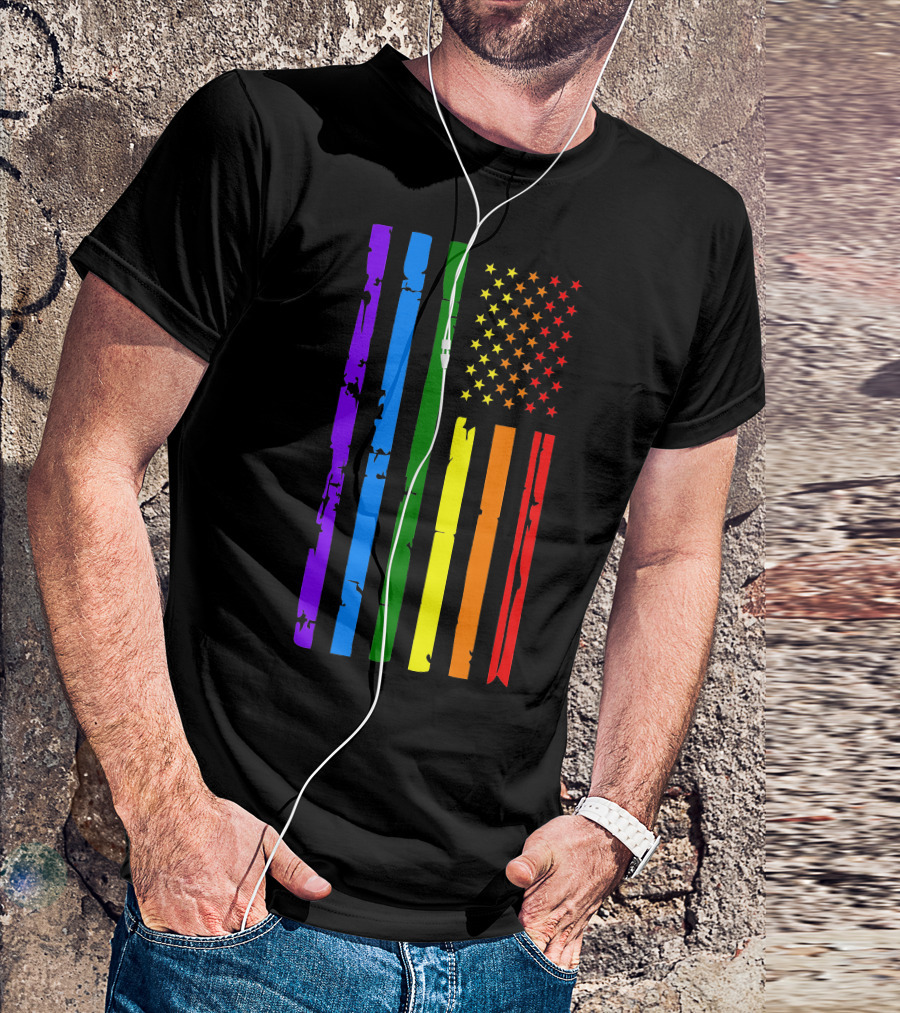 Rainbow Stripes And Stars American Flag Display T-Shirt