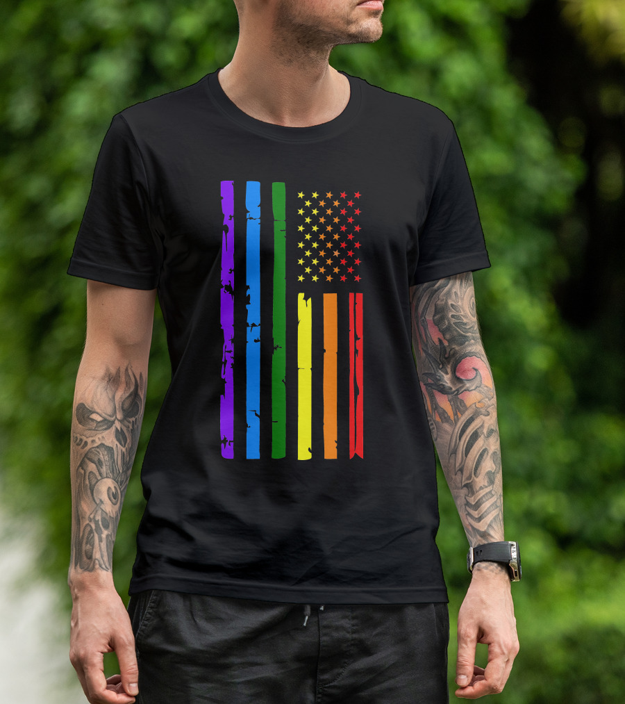 Rainbow Stripes And Stars American Flag Display T-Shirt