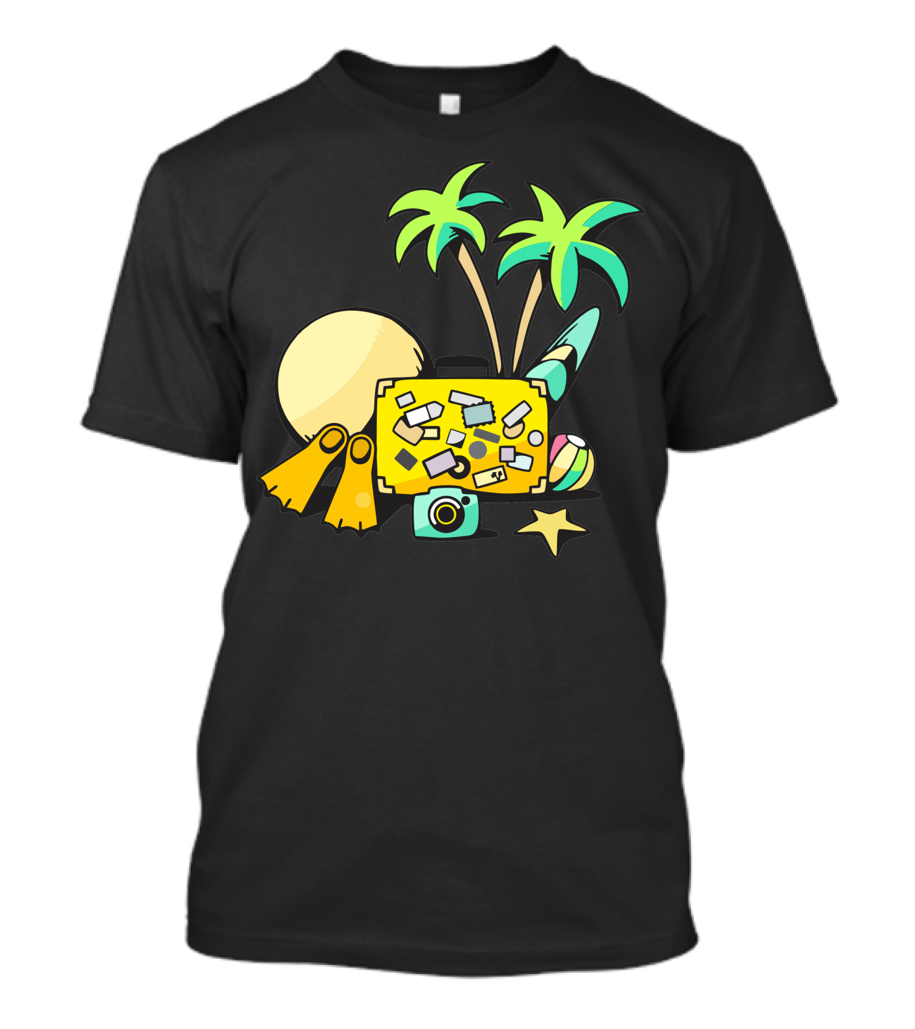 Palm Trees Sun Suitcase Snorkel Ball Camera Starfish Summer Beach T-Shirt