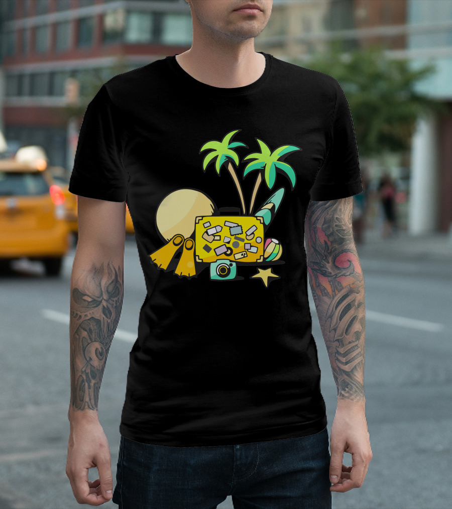 Palm Trees Sun Suitcase Snorkel Ball Camera Starfish Summer Beach T-Shirt