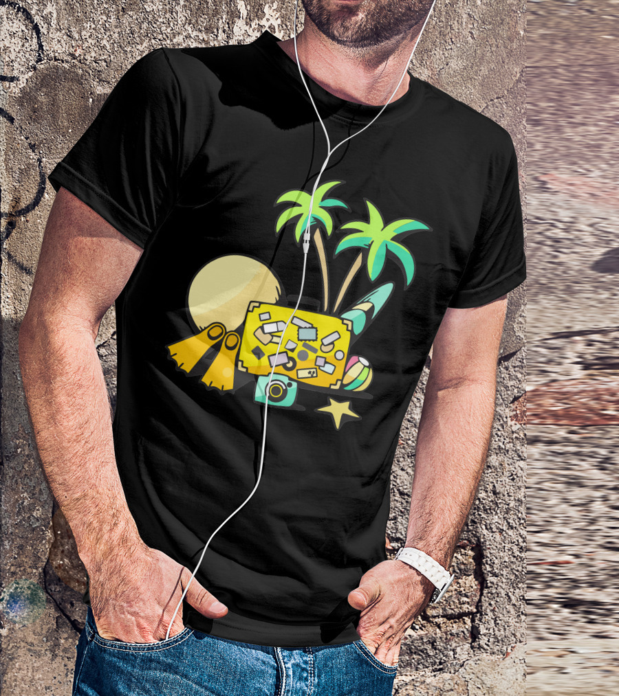Palm Trees Sun Suitcase Snorkel Ball Camera Starfish Summer Beach T-Shirt