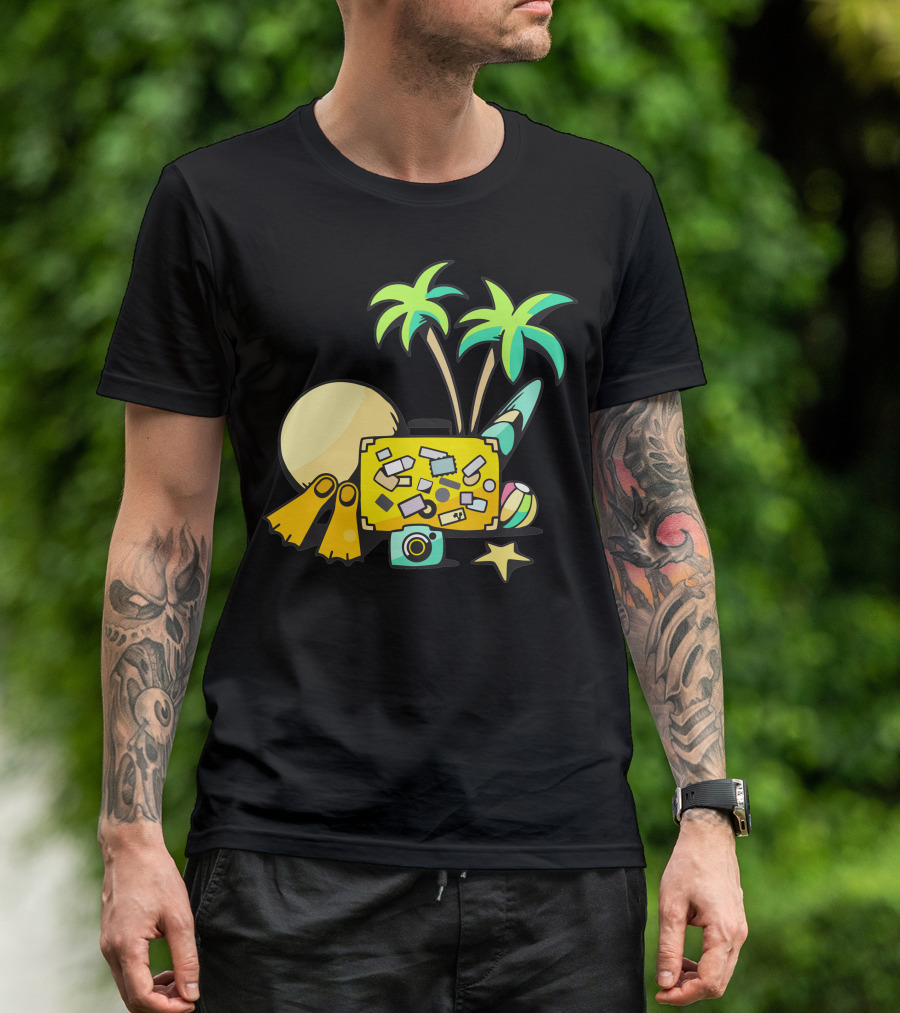 Palm Trees Sun Suitcase Snorkel Ball Camera Starfish Summer Beach T-Shirt