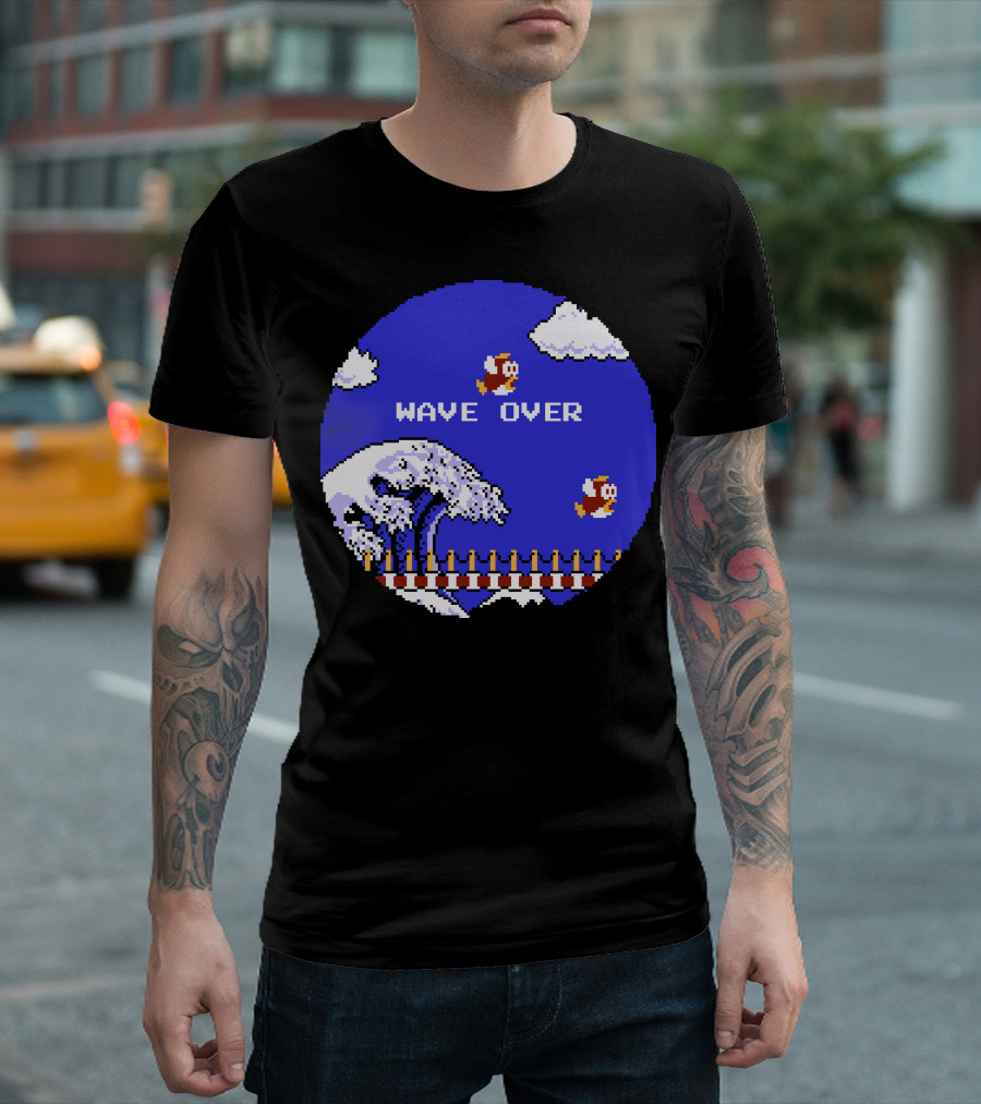 Wave Over 8-Bit Ocean Wave with Pixel Art Clouds and Birds T-Shirt