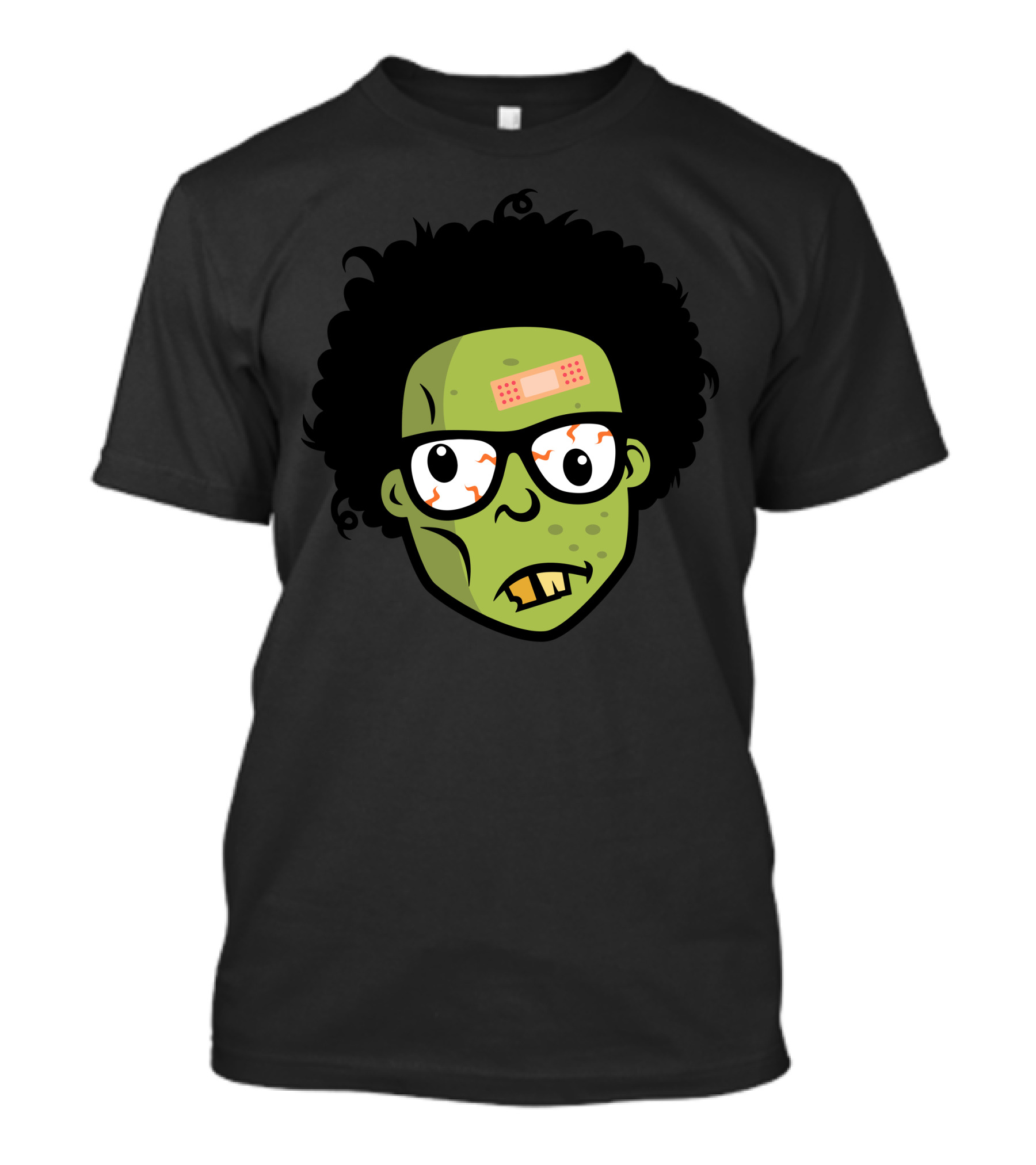 Zombie Geek Head Cartoon With Bandaged Forehead Glasses And Green Face T-Shirt
