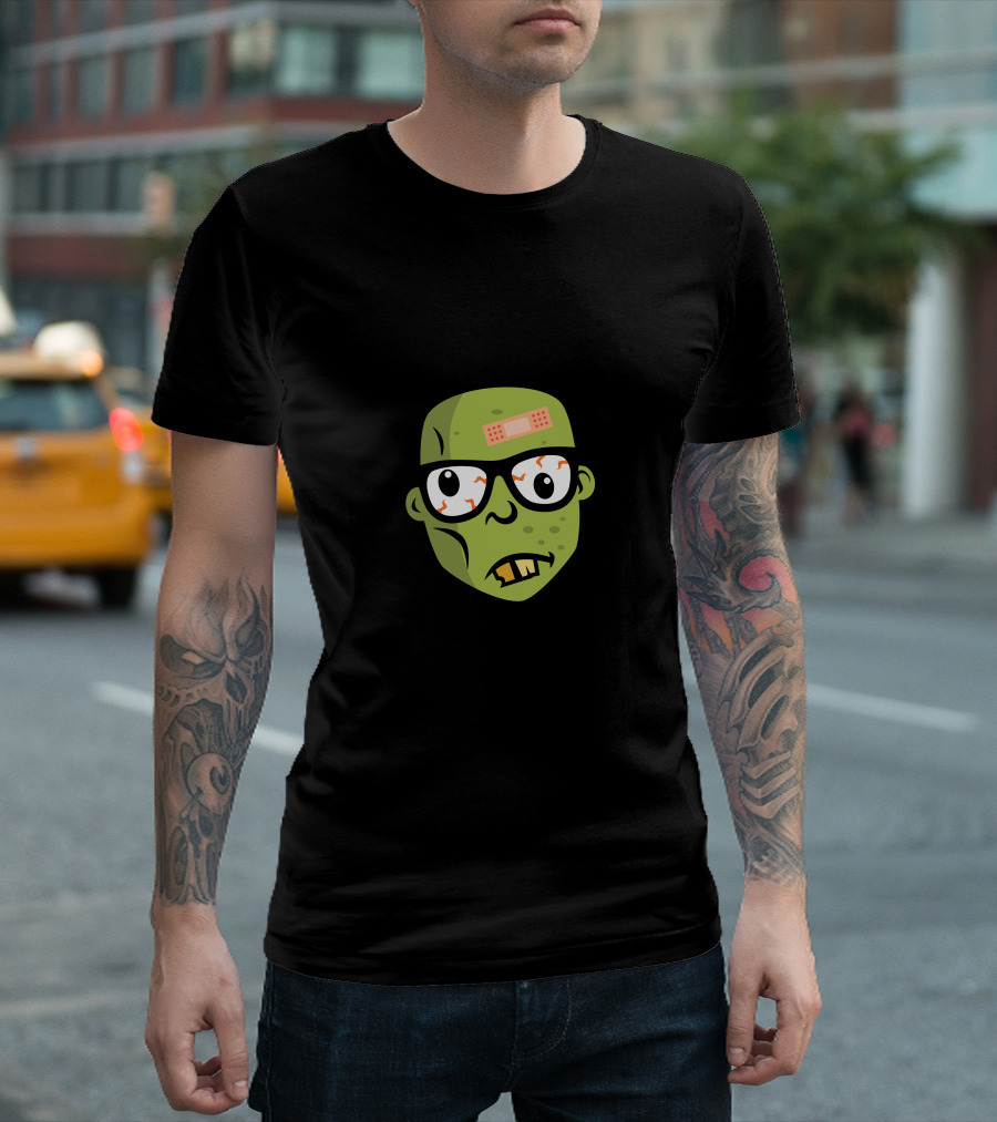 Zombie Geek Head Cartoon with Bandaged Forehead Glasses and Green Face T-Shirt