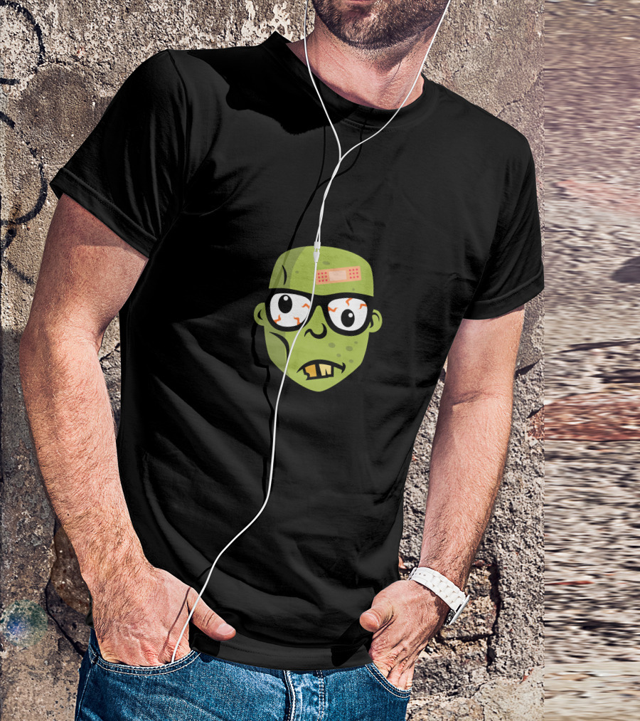 Zombie Geek Head Cartoon With Bandaged Forehead Glasses And Green Face T-Shirt