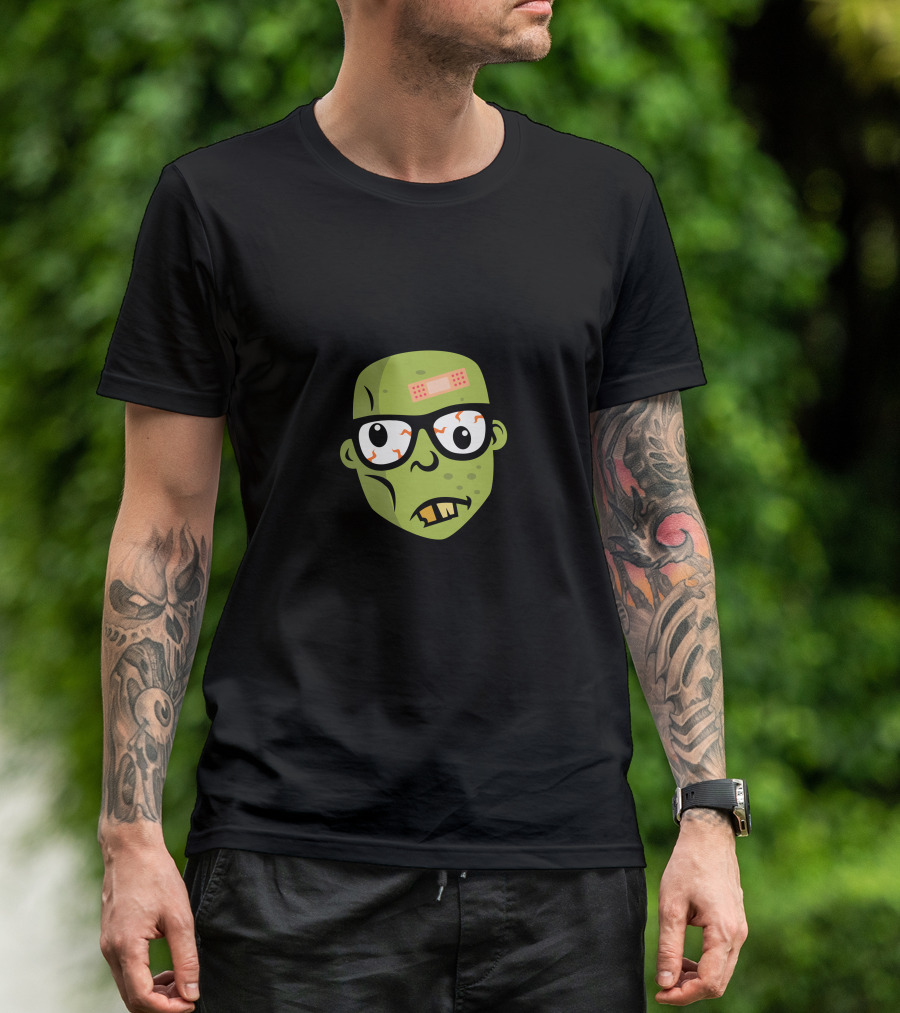 Zombie Geek Head Cartoon With Bandaged Forehead Glasses And Green Face T-Shirt