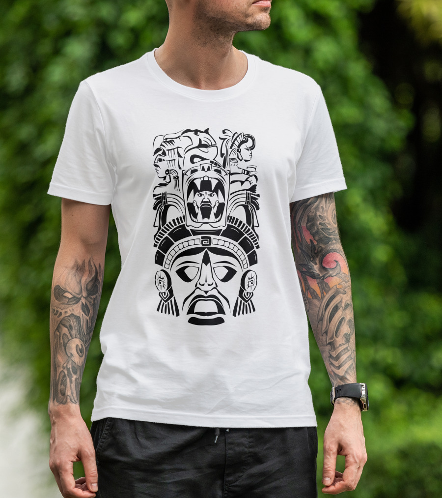 Aztec Design Totem Faces Mythology Symbols T-Shirt