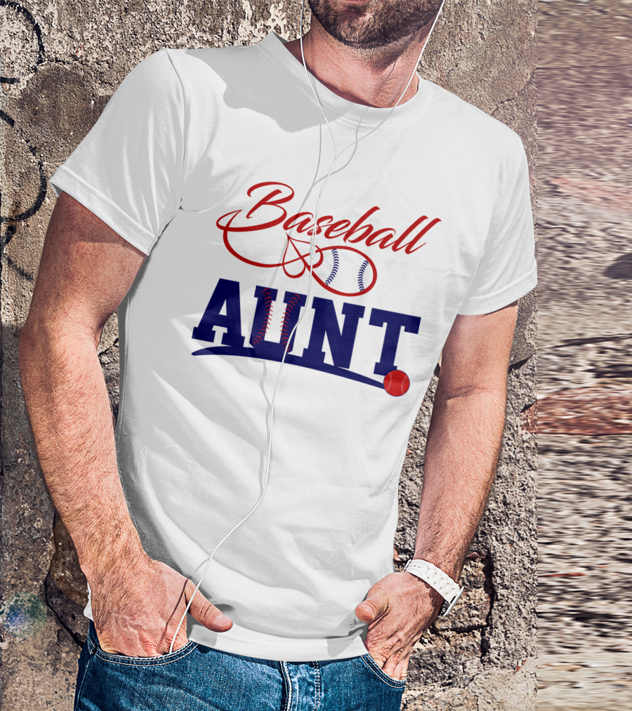 Baseball Aunt Curved Script Red And Blue Stitching Ball T-Shirt