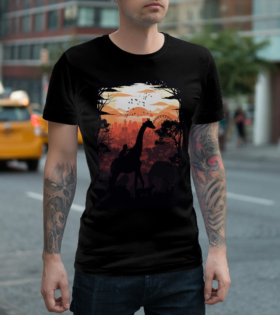 From Jungle to City Silhouette with Giraffe and Skyline T-Shirt
