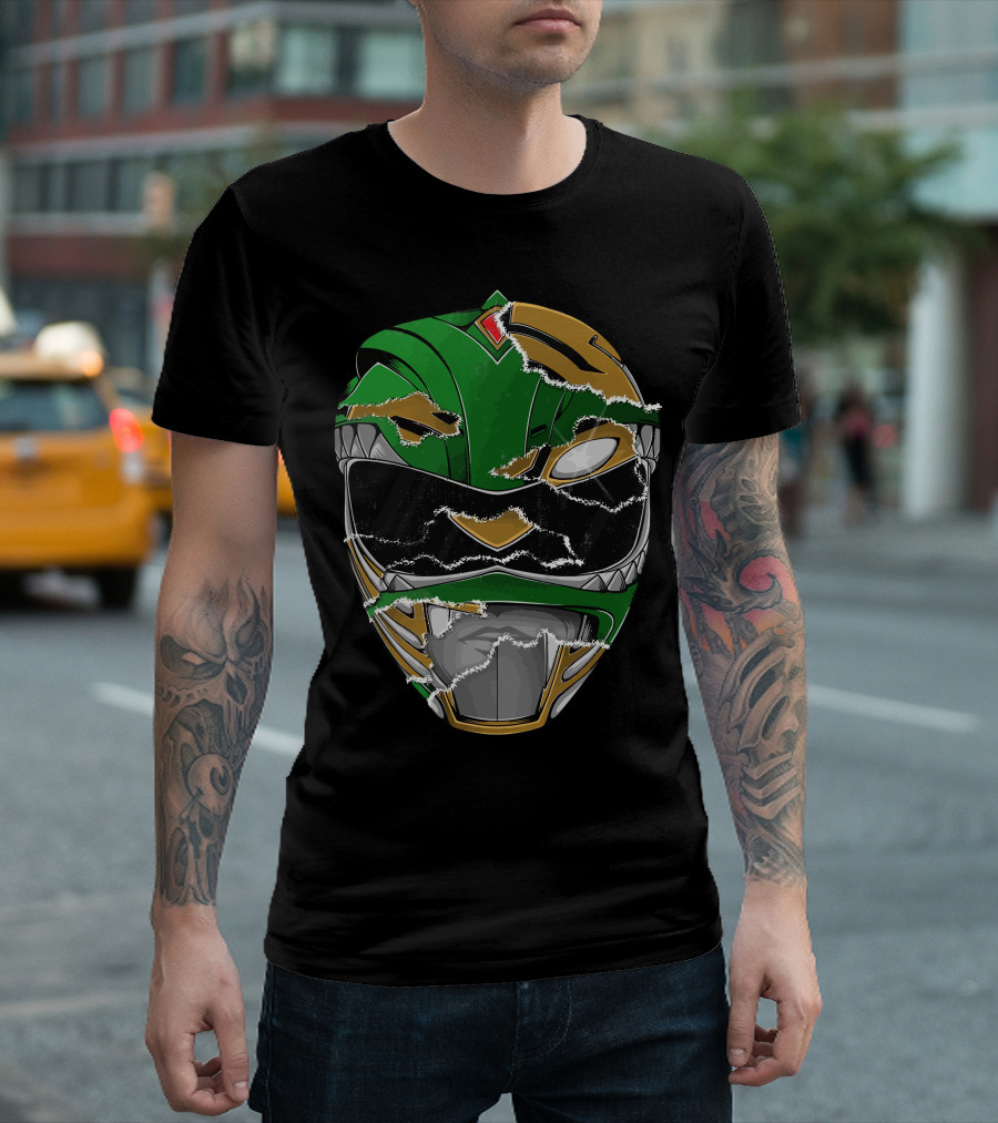 Power Rangers Green Ranger Torn Helmet Good And Evil Power T-Shirt
