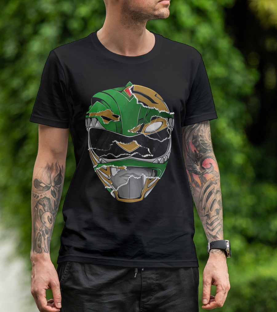 Power Rangers Green Ranger Torn Helmet Good And Evil Power T-Shirt