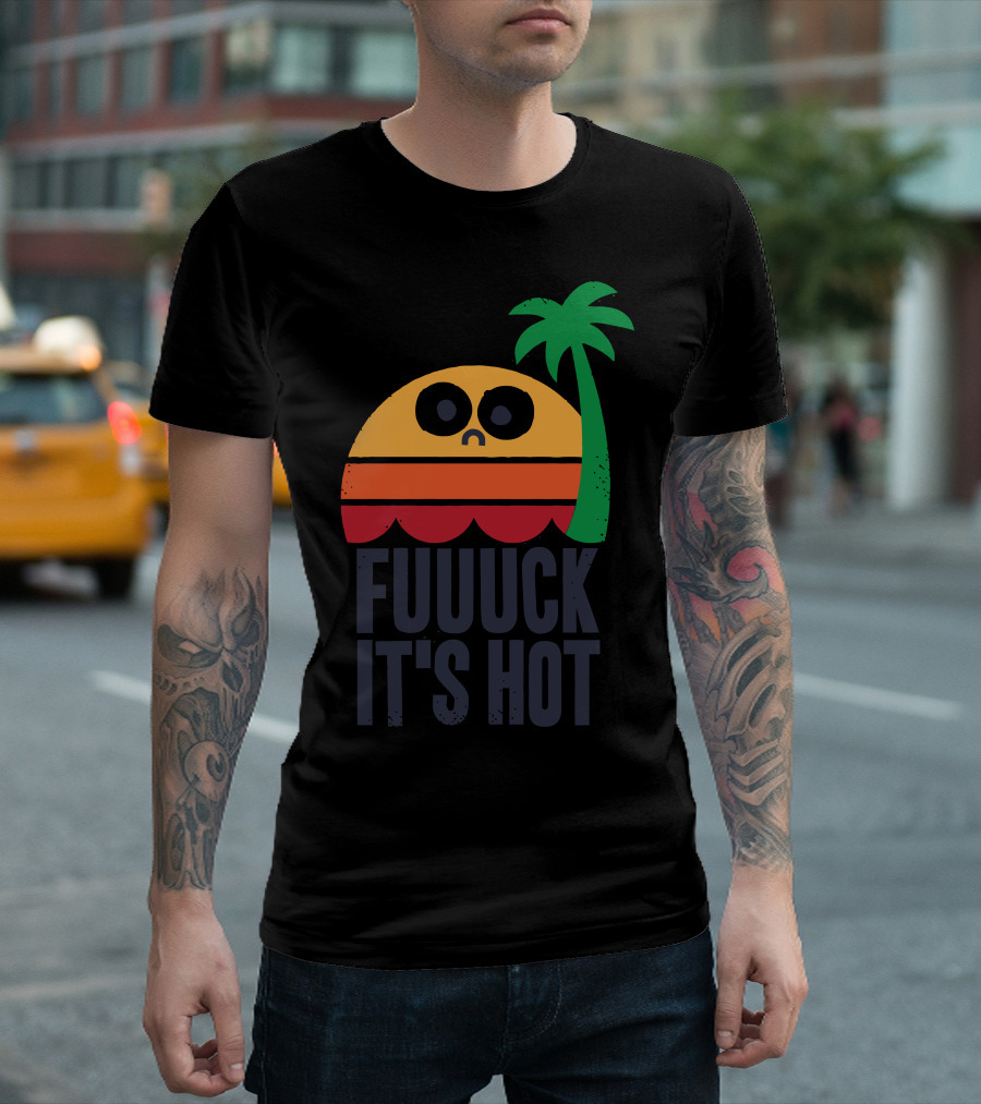 FUUUCK IT'S HOT Retro Sunset Palm Tree Emoji T-Shirt
