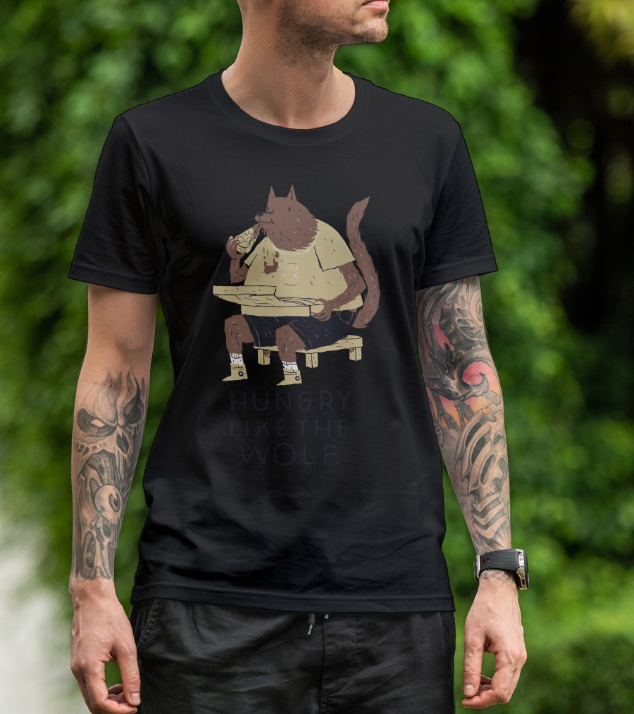 Hungry Like The Wolf Pizza Eating Cartoon T-Shirt