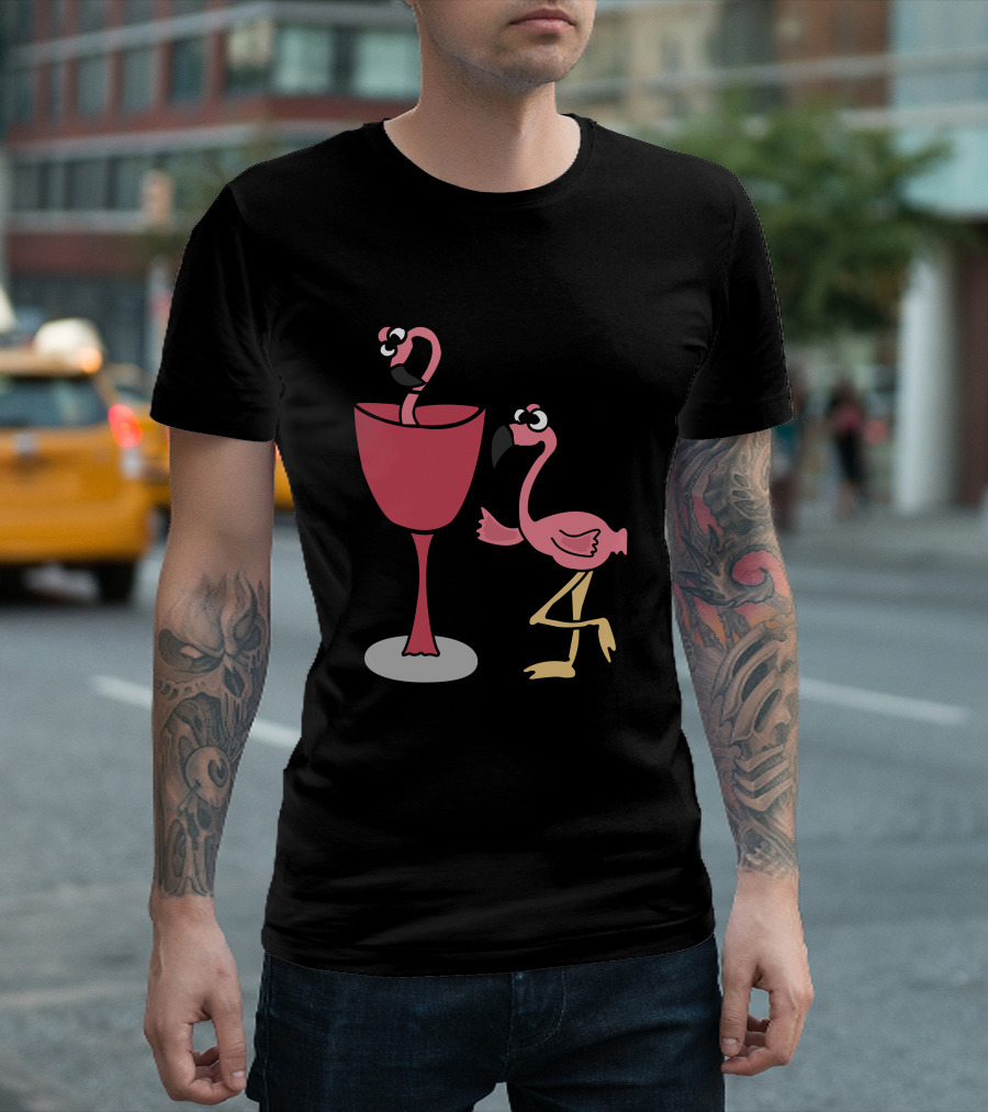 Pink Flamingo Inside Wine Glass with Blushing Flamingo Companion T-Shirt
