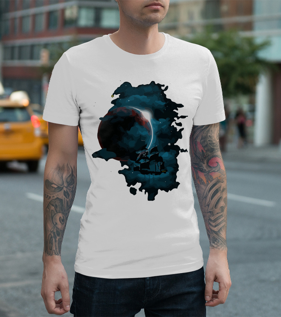 Pirate Spaceship Sailing Through Cosmic Nebula in Space Adventure T-Shirt