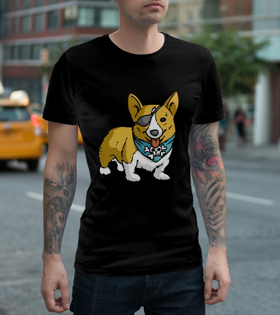 Corgi with Pirate Eye Patch and Skull Bandana T-Shirt