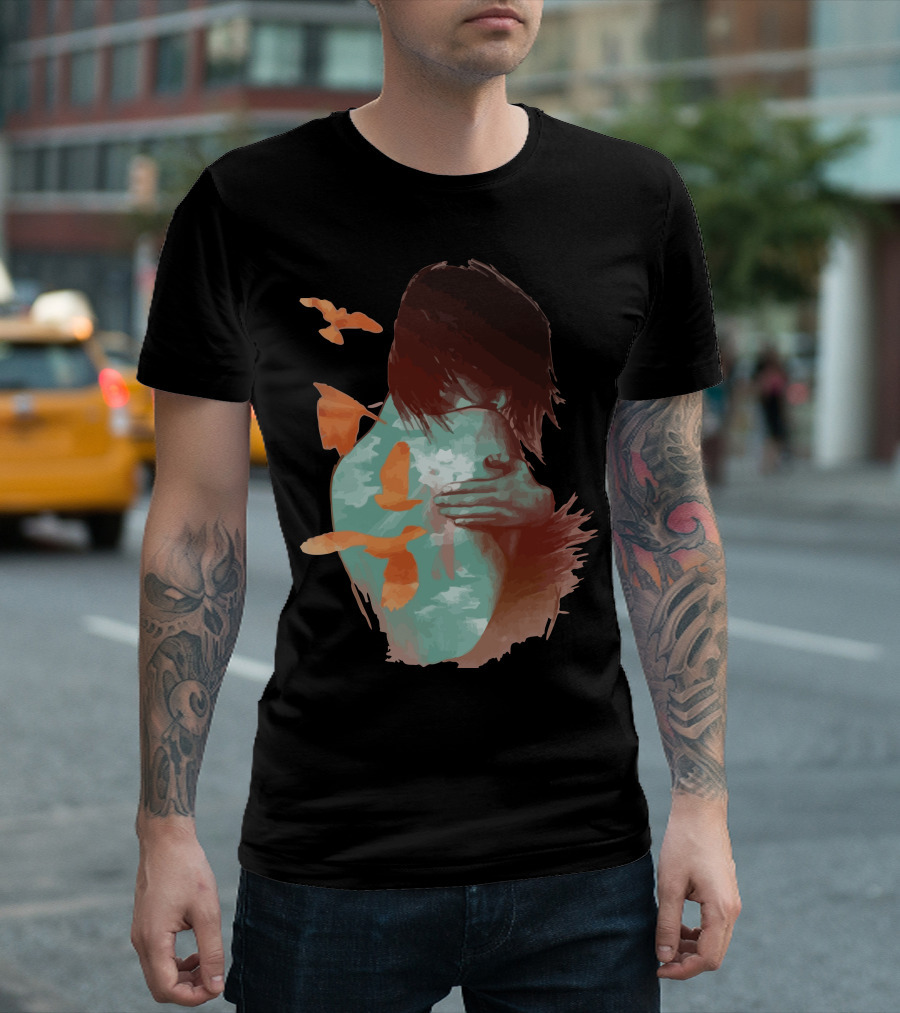 See It Through Embrace with Birds and Flowing Hair T-Shirt